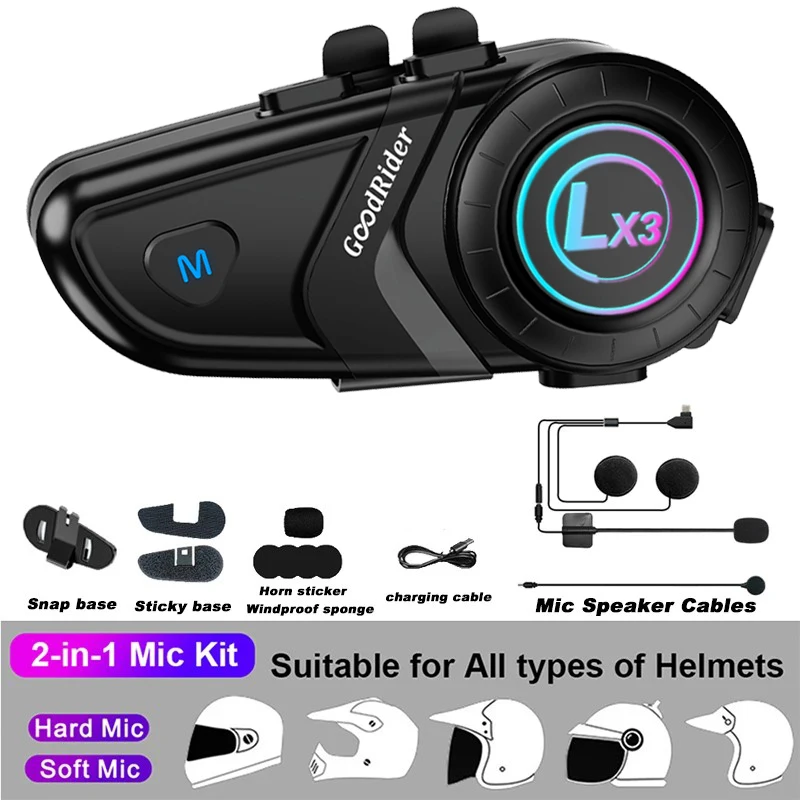 1/2x lx3 Bluetooth-Gegensprechanlage Motorrad Helm Bluetooth-Headset 2 Fahrer inter com unica dor Moto inter Telefon Headset kabellos BT 5,0: Blau