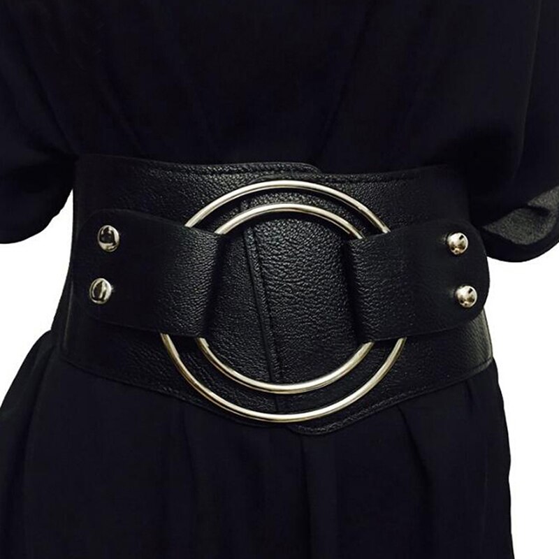 Vintage Wide Waist Elastic Belts For Women Stretchy Corset Waistband Hollow Metal Big Ring Women's Belt Exaggerate Cummerbund