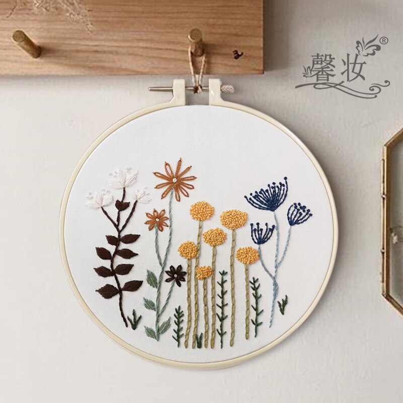DIY Stamped Embroidery Starter Kit with Flowers Plants Pattern Embroidery Cloth Color Threads Tools Kit: 0003