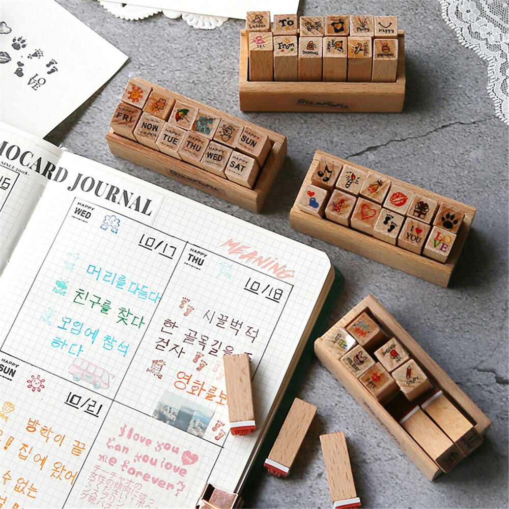 12pcs/set Date Weather Stamps Korean Stationery DIY Wooden Rubber Stamp for Planner Notebook Scrapbooking Journal Supplies