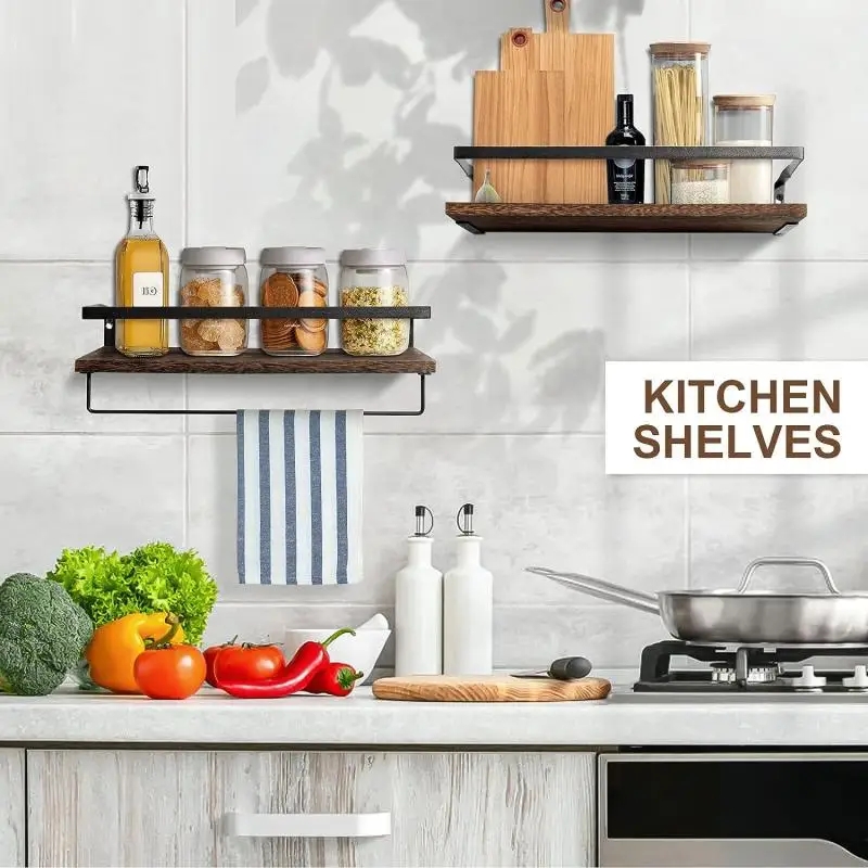 Estante flotante de madera montado en la pared, soporte para especias, ducha, maquillaje, cocina, baño, organizador, estante de almacenamiento con barra de toalla