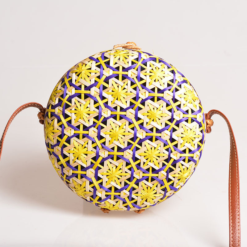 Sac rond en paille de bambou pour femmes, sacoche à bandoulière fait main bohème, sac de plage d'été creux initié, boîte Asus tissée en rotin: Beige