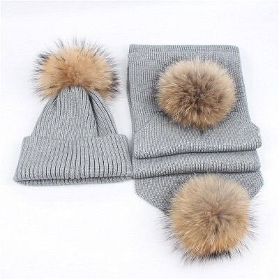 Luxe Vrouwen Hoeden En Sjaals Kinderen Sneeuw Dragen Hoeden Winter Gebreide Skullies 2Pcs Unisex Effen Kleur: Grijs / kids