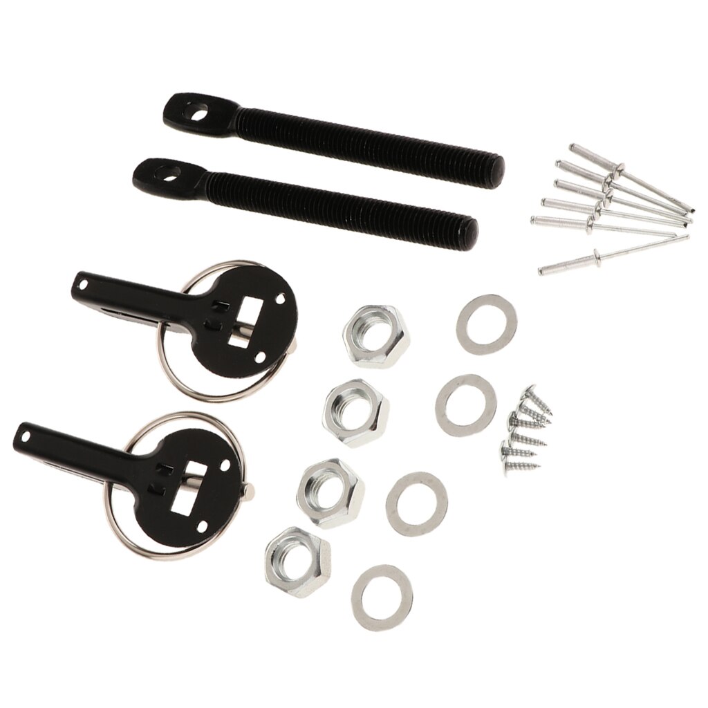 Universal Aluminum Car Bonnet Hood Pin Pins Key Lock Latch Catch Locking Fasten Kit Set (Black)