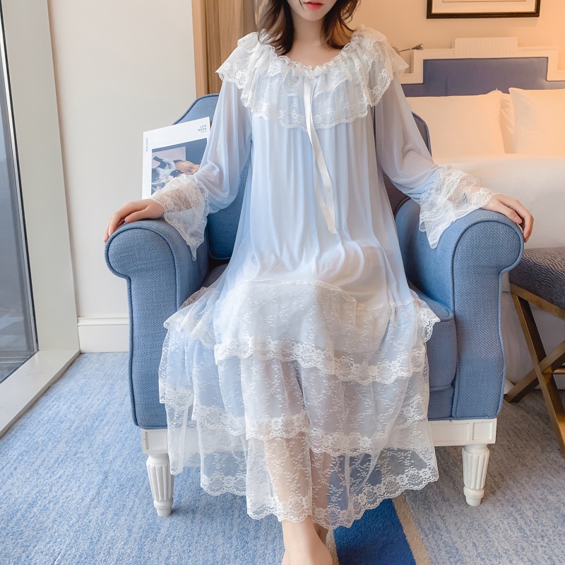 Vrouwen Lolita Night Jurk Prinses Nachtkleding Multilayer Kant Mesh Romantische Vintage Victoriaanse Nightgowns Nachthemd Lounge Wear: Blauw / M