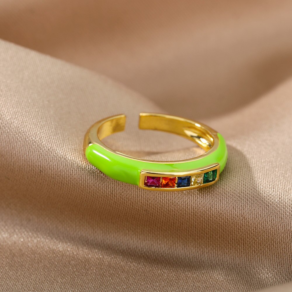 Rainbow Enamel Druipend Olie Zirkoon Ring Voor Vrouwen Rvs Goud Verstelbare Snoep Ringen Partij Sieraden Bijoux Femme: JZ2630G-2