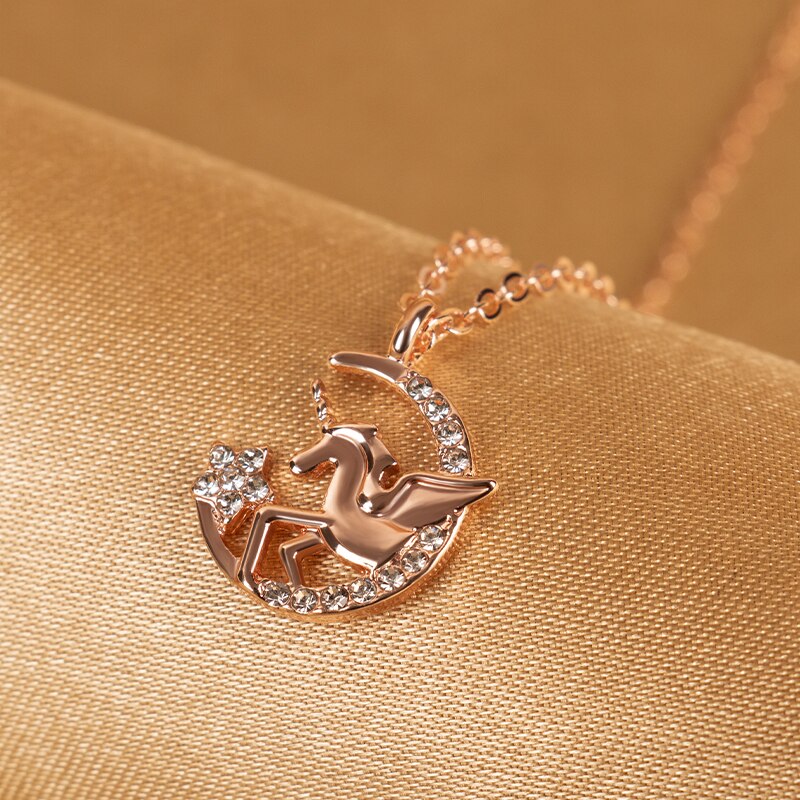 Muzhi Mode Rose Goud Eenhoorn Hanger Ketting Vrouwen Steentjes Schattige Pony Choker Ketting Sweet Meisje Kerst Sieraden