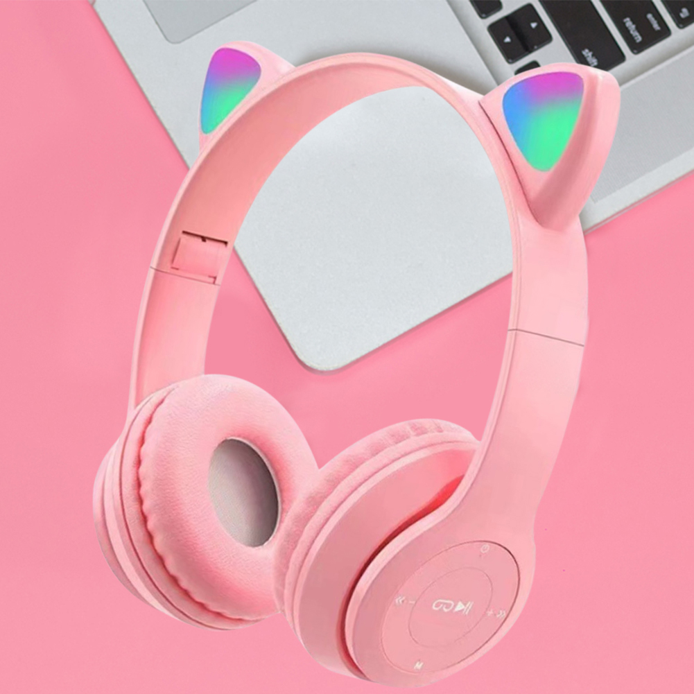 Trådlösa spelhörlurar med kattöra, lysande ljus, bluetooth-kompatibla hjälmar, stereobas, over-ear-headset för pc och telefon
