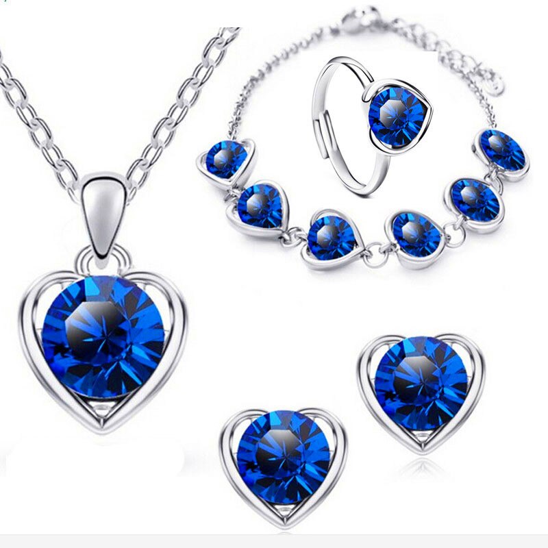 Luxury Female Rainbow Crystal Wedding Jewelry Set Cute Gold Silver Color Stud Earrings For Women Boho Love Heart Chain Necklace