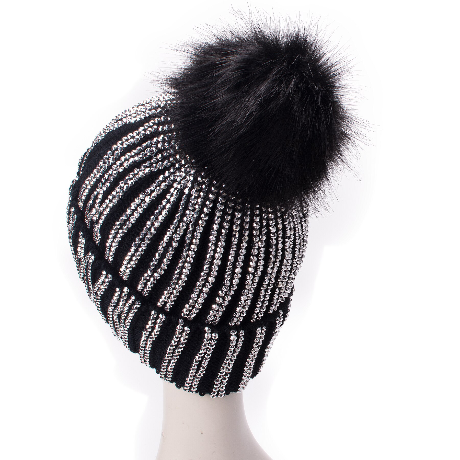 Lawliet Winter Hats Faux Fur Pom Pom Rhinestone Bling Style Women Beanies Warm Knitted Hat Ladies Skull Cap A469