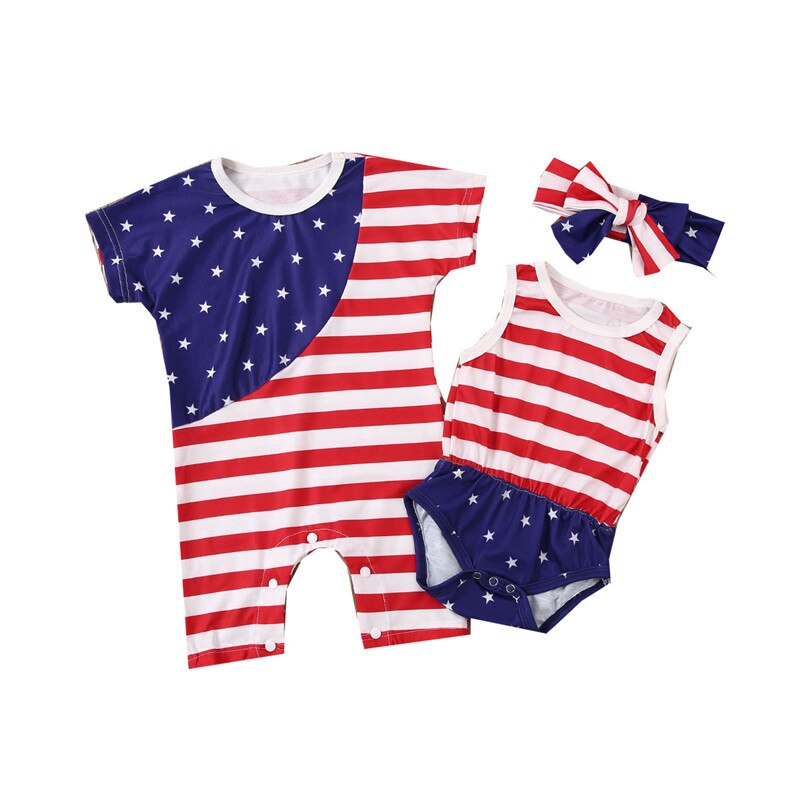 Independence Day Baby Baby Meisjes Jongens Rompertjes Gestreepte Print Korte Mouw/Mouwloze Jongens Romper Baby Katoen Jumpsuits Hoofdband