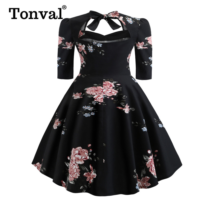 Tonval Plus Size Vrouwen Kleding Vintage 50s Rockabilly Black Midi Jurk 3/4 Lengte Mouw Herfst Dames Elegante Bloemen Jurken
