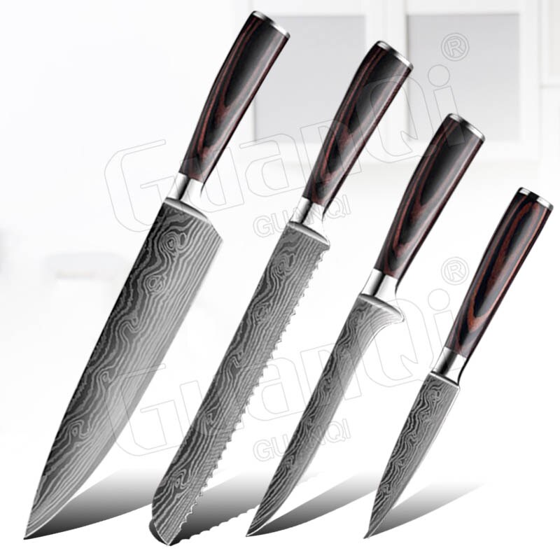 Kitchen Knives Sets Sharpest Damascus Kitchen Chef Knives Santoku Cleaver Paring Steak Slicing Utility Boning Knife: 4PCS-Set A