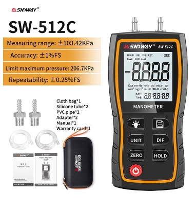 SNDWAY SW-512 Series Digital Manometer Air Pressure Gauge +-103.42 KPa 0.01 Resolution air pressure Differential Gauge Kit Tool: black