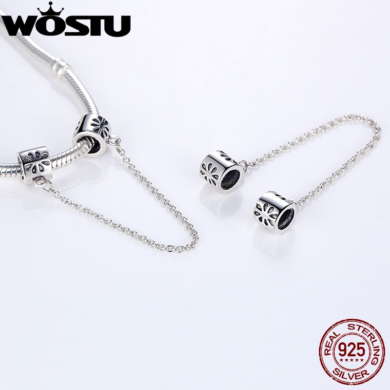 100% 925 Sterling Silver Daisy Safety Chain Charm Fit Original WOST Bracelet Pendant Authentic Jewelry Christmas ZBBS204