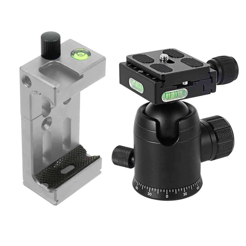Soporte de trípode panorámico de rotación de 360 grados BGNing 36mm con pinza de teléfono móvil de placa QR para cámara DSLR carga máxima 10kg: Grey clip set