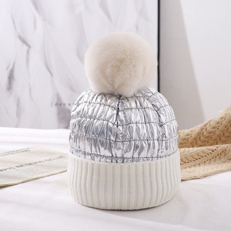Cntang hoed voor dames, warme wintermutsen, donsmutsen, imitatie konijnenbont pompon, reflecterende mutsen, dames casual pet: Wit
