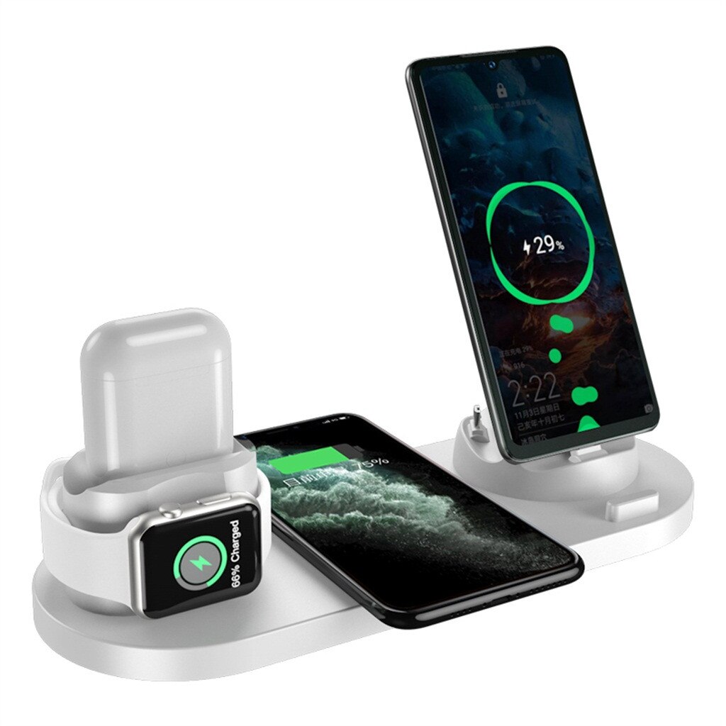 Trådlös laddstation för apple watch iphone airpods pro 6 in 1 10w qi-stativ snabbladdning för android ios mobiltelefonladdare: Vit