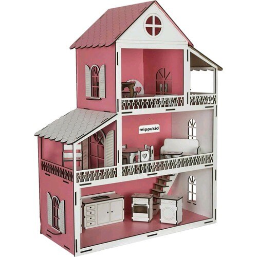 Mippukid træ legehus trelags træ møbleret pink