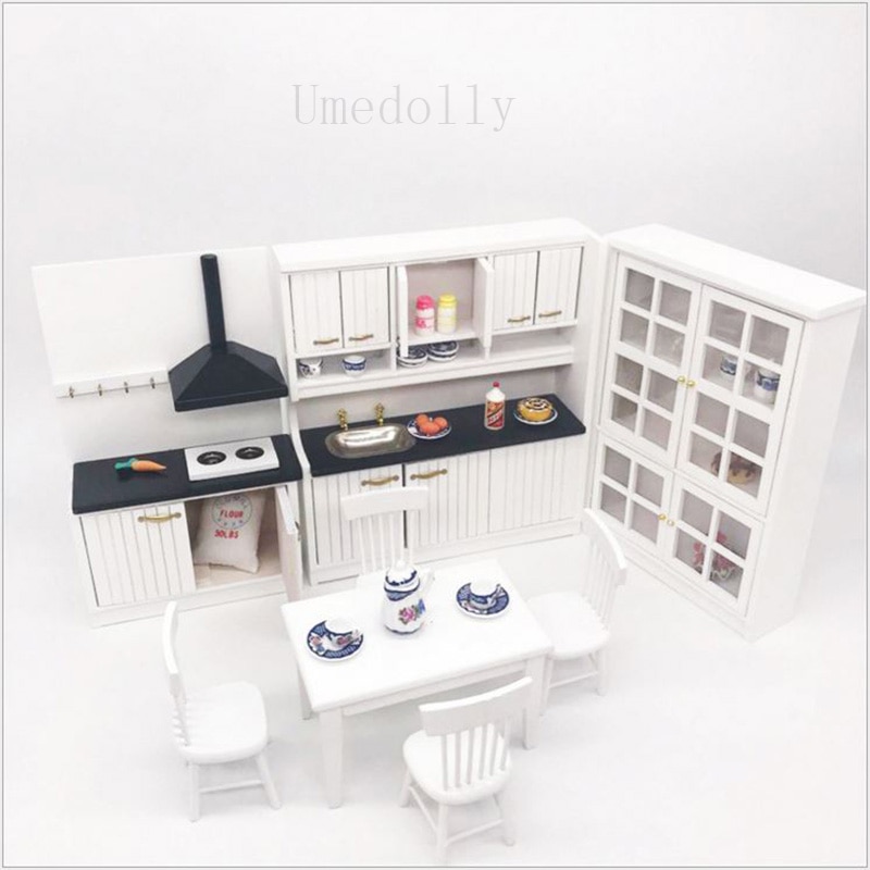 1 Set 1/12 Scale Dollhouse Miniature Kitchen Cabinet + Dinning Table + Chair Mini Furniture Toy Accessories