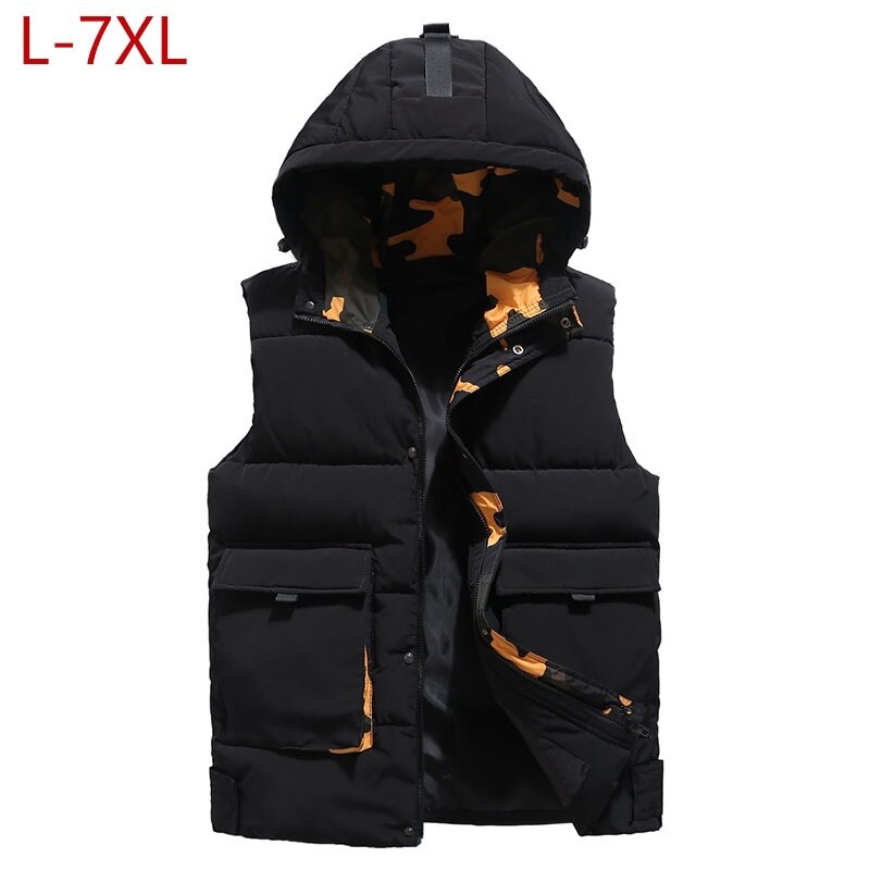 Men's Vest Large Size Winter Sleeveless Jacket Coat 2022 Casual Thick Warm Cotton Padded Down Big Sizes Hooded Waistcoat Male: XXXL