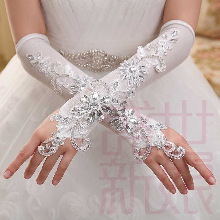 Elegante Prachtige Ivoor Elleboog Lengte Lace crystal Vingerloze Geappliceerd Bruids Handschoenen Lange Bruiloft Handschoenen