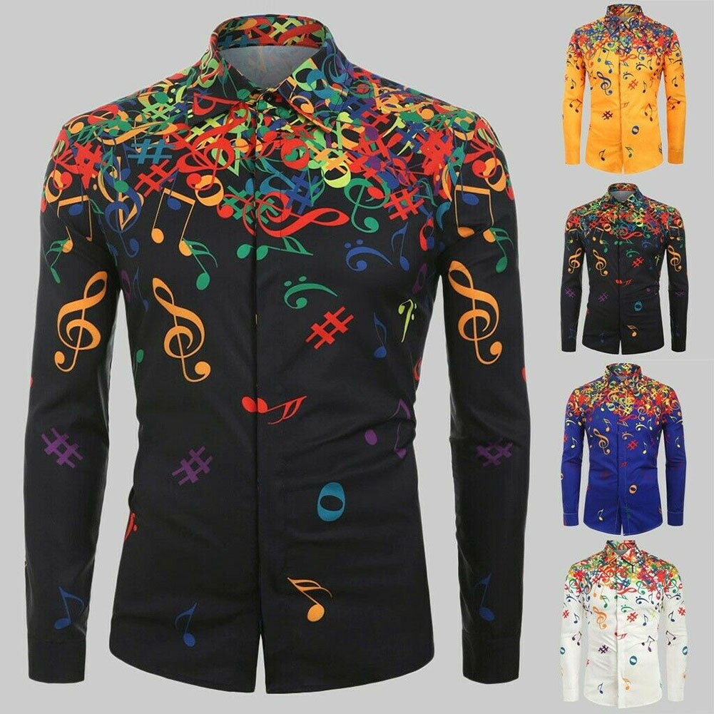 Men Casual Novelty Musical Note Pattern Long Sleeves Shirt Top Blouse for Party NIN668