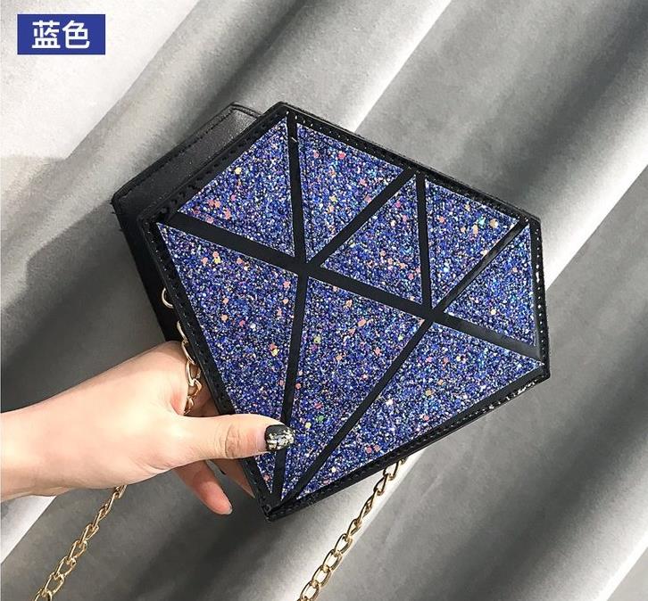 paillettes diamant forme Pu cuir géométrique femmes bandoulière Mini sac de messager sac à bandoulière femme chaîne sac à main: Blue