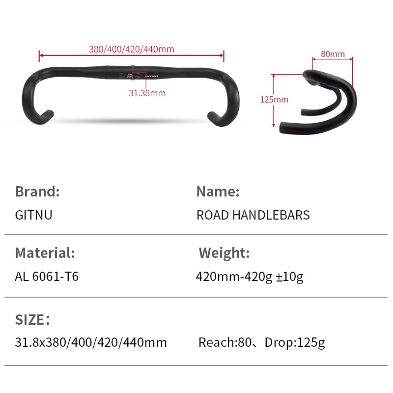 GITNU Aluminium alloy bicycle ROAD HANDLEBARS bike 25.4/31.8x380/400/420/440mm
