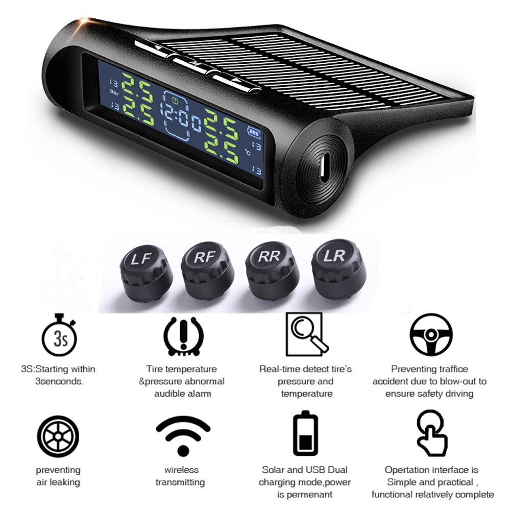An-01d deux-en-un horloge et pression des pneus voiture solaire Tpms horloge Lcd affichage sans fil système de surveillance de la pression des pneus
