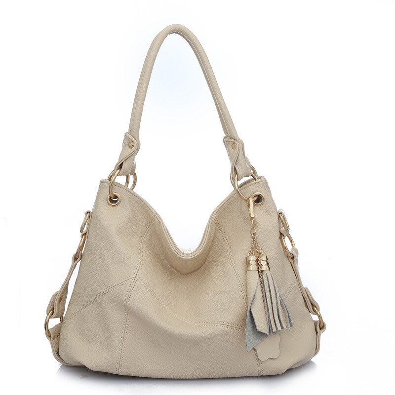 Large Soft Leather Ladies Handbags Women Shoulder Bag Female Tassel Casual Totes Crossbody Bags for Women Beige White Brown: Beige