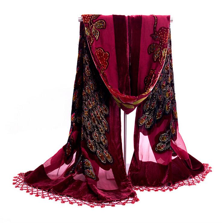 Dame kvinder dyr påfugl pashmina tørklæde fløjl silke perler kvaster rektangel broderet sjal wrap 50cm*170cm