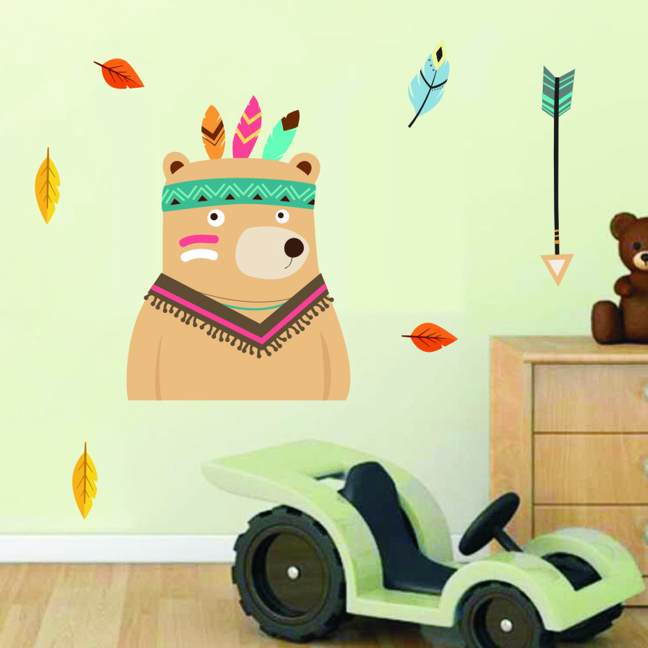 Chasse Tribal bois raton laveur chat mur décalcomanie chambre décor lapin ours autocollants pour pépinière enfants chambre maison murale