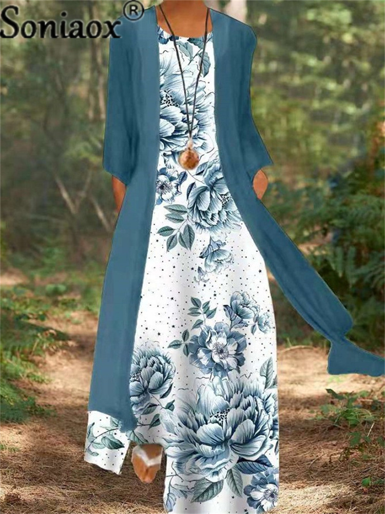 Two-Piece Set Lady Flower Print Sleeveless Maxi Dress With Cardigan Clothes Women Summer Boho Dresses Coat: XXL / Dark Green