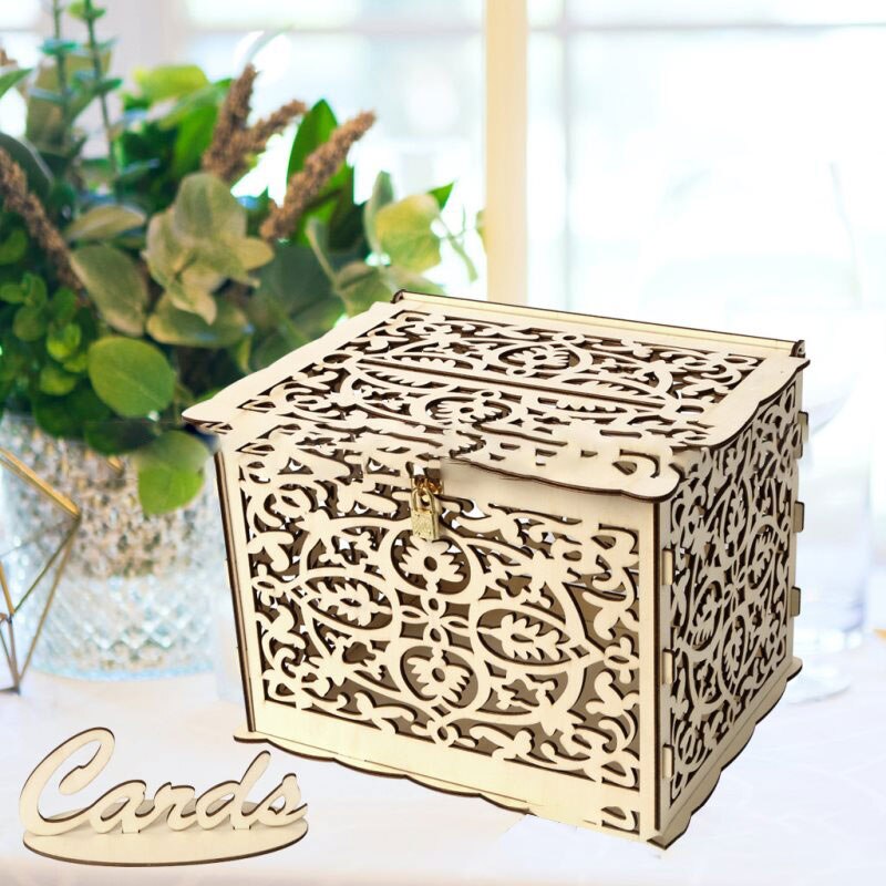 1Pc Wedding Card Dozen Houten Doos Bruiloft Benodigdheden Diy Paar Bloem Patroon Grid Visitekaartje Houten Box S/L