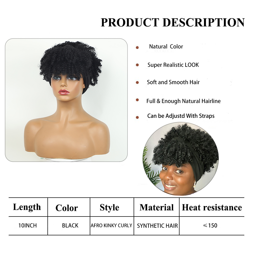 Afro Kinky Curly Headband Wigs Short Fluffy Curly Scarf Wig with Bangs Natural Synthetic Afro Curly Head Band Wig Cosplay