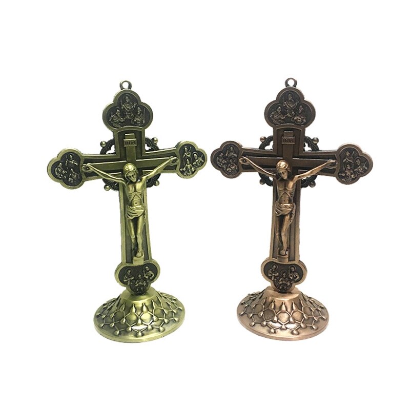 Cross Ornament Christus Katholieke Cross Beeldje Met Houten Basis Ambachten Voor Thuis Auto Kerk Desktop Decoratie Heilige Religieuze
