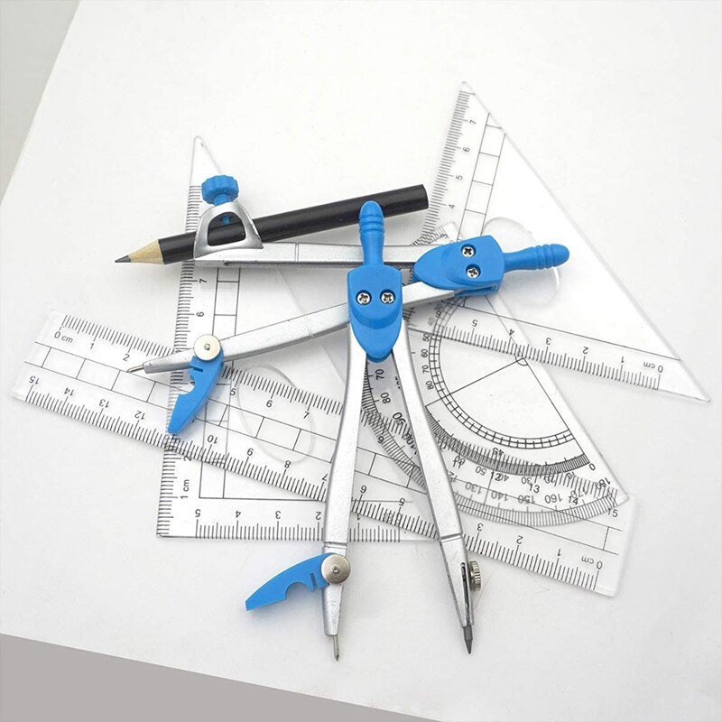 Geometry Compass Set 10Pcs School Maths Protractor Set Rulers for Student Maths and Engineering in Carry Case