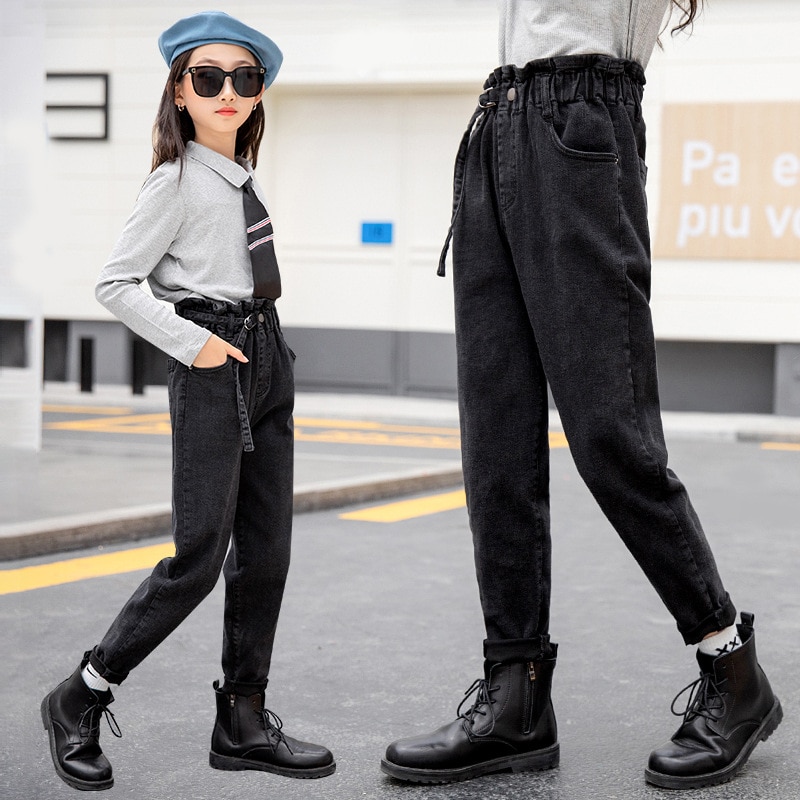 Spring Kids Jeans Girls Haren Casual pantaloni lunghi neri Stretch comodo semplice autunno 2021 nuovi pantaloni per bambini 12 14