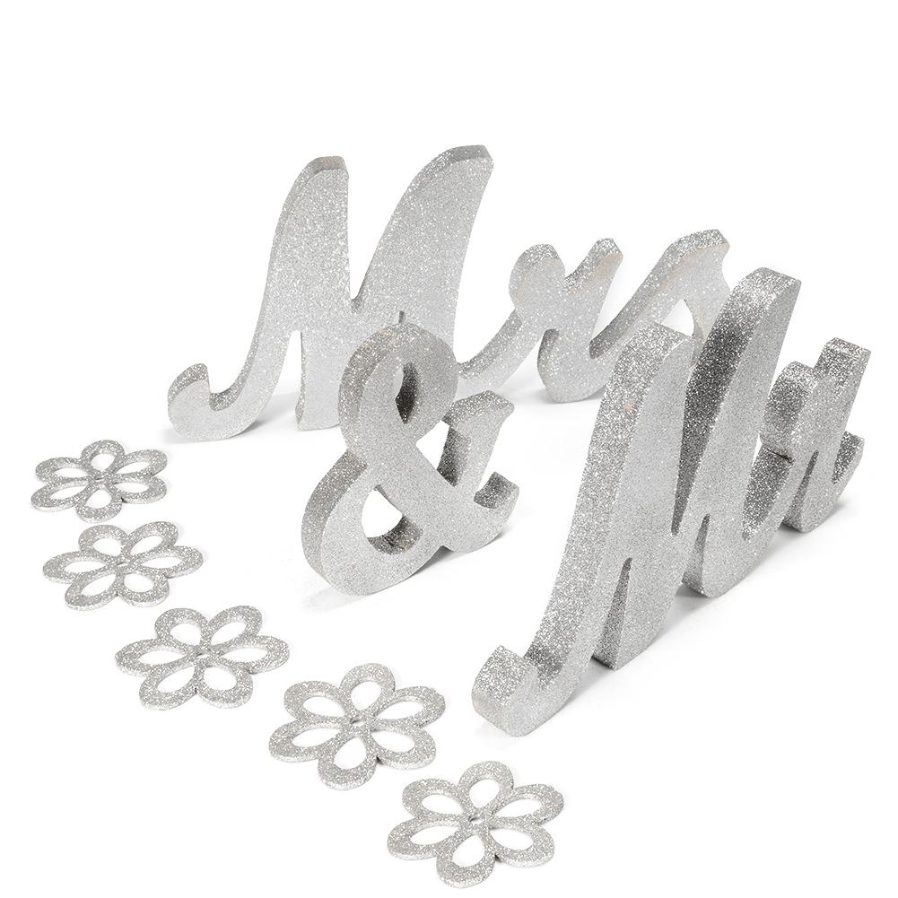 LanLan letras de madera MR & letrero con letras Mrs decoraciones de mesa de boda oro purpurina plateada Glitter Sweetheart herramientas