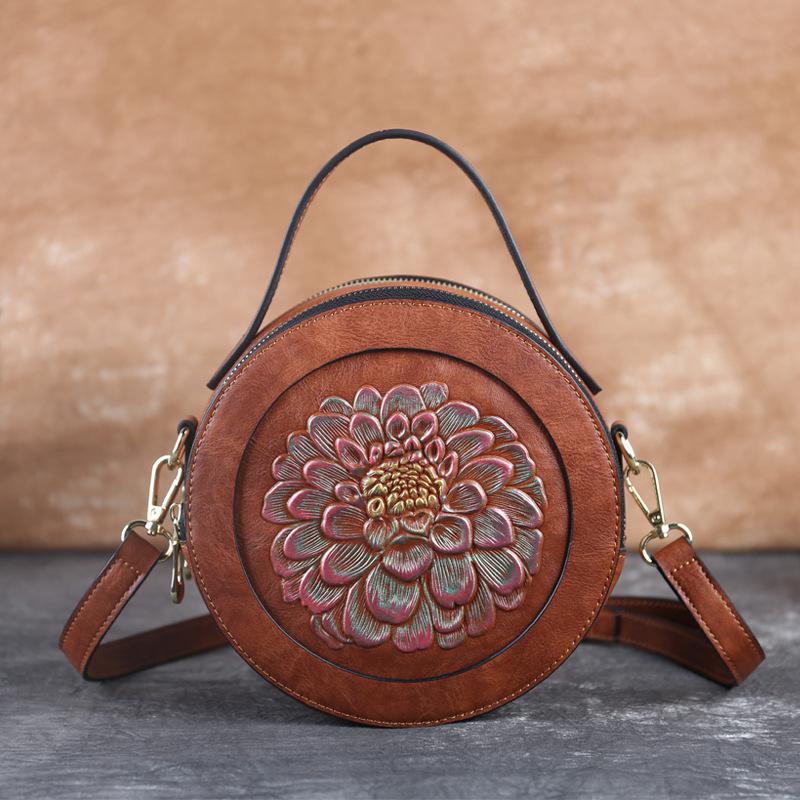 Johnature handgemaakte reliëf leren damestas met vintage bloemenprint, kleine handtas, luxe schoudertassen voor dames: Bruin