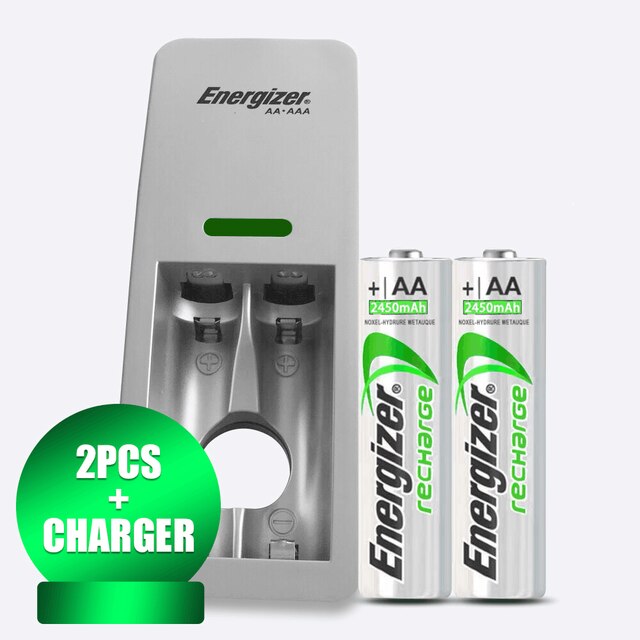 Energizer 1.2V 2450mAh AA NI-MH NIMH Rechargeable Battery For Camera Toy Mouse Flashlight MP3 Remote Control+2 Slots USB Charger: 2PCS