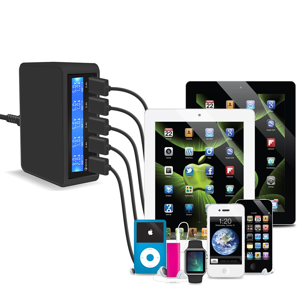 Stacja ładująca USB iepo szybki opłata QC3.0 50W 5V2.4A * 5 ładowarka USB z wyświetlaczem ekranowym dla iphone'a ipad PC rozpalać tablet