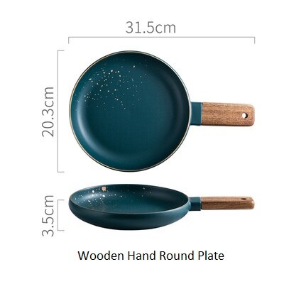 High Retro Green dinner plates set Nordic Ceramic Tableware Set Dinnerware Set Bowl Plate Soup Bowl Set Modern Style: wooden handle round