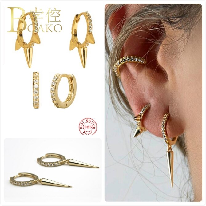 925 Sterling Zilveren Oorbellen Voor Vrouwen Kleine Hoepel Oorbellen Gothic Meisje Kraakbeen Oor Bone Earring Punk Spike Zirkoon Aretes Z5