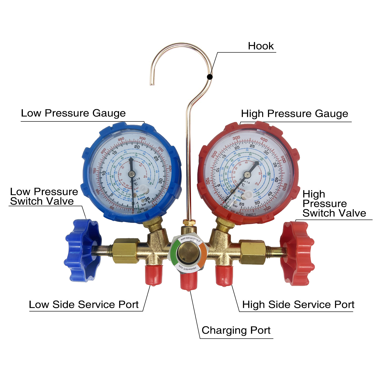 Air Conditioning Pressure Gauge with Hose and Hook 3 Way AC Diagnostic Manifold Gauge Set for Freon For R12 R32 R404A R134a