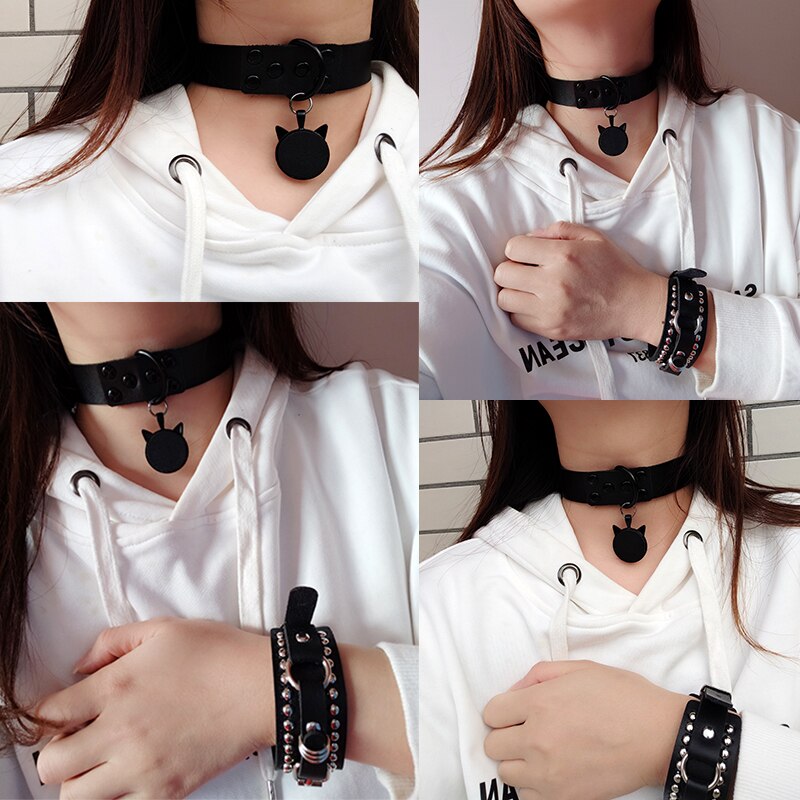 Zwart Pu Leer Ketting Punk Holografische Harajuku Meisje Choker Bar Mode Stage Hals Kit Head Sieraden Overdreven Kraag