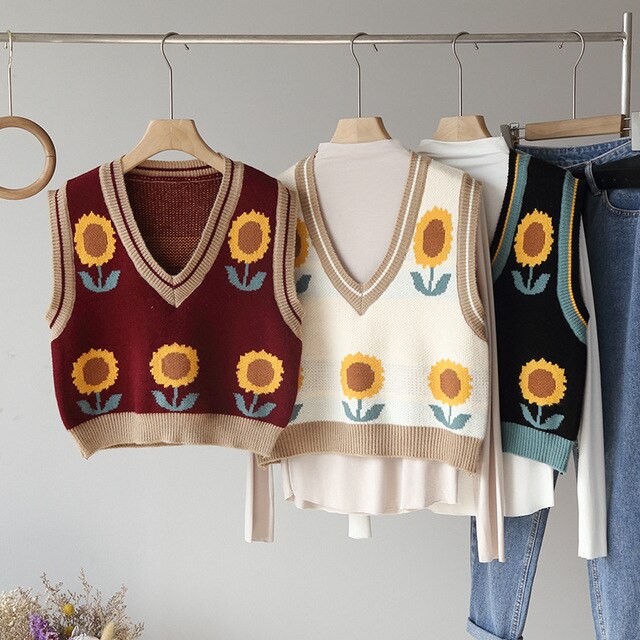 Efterår v-hals ærmeløs vest solsikke farve matchende strik dame sweater harajuku college style pullover kvinde sweater vest