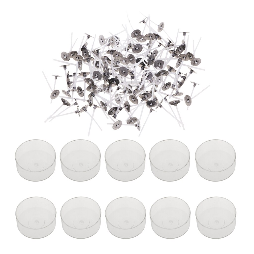 10x Clear Plastic Round Tealight Cup Empty Case + 200x Cotton Candle Wicks