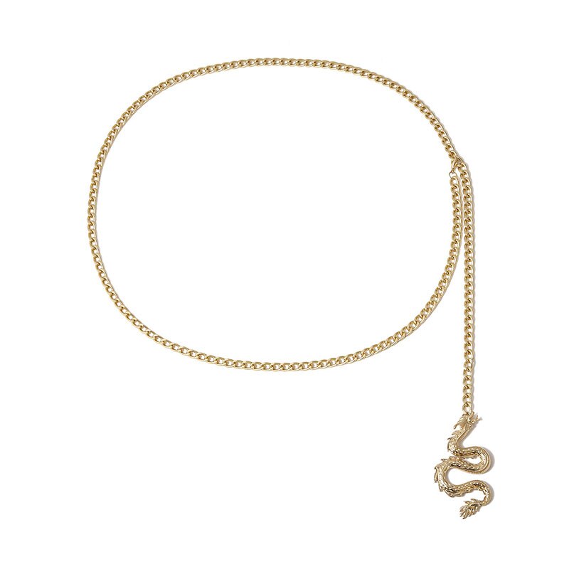 Cinturón de cadena dorado y plateado para mujer y hombre, cinturón de pantalones finos, cinturón de Hip Hop geométrico de dragón, cinturón de cintura,: Oro